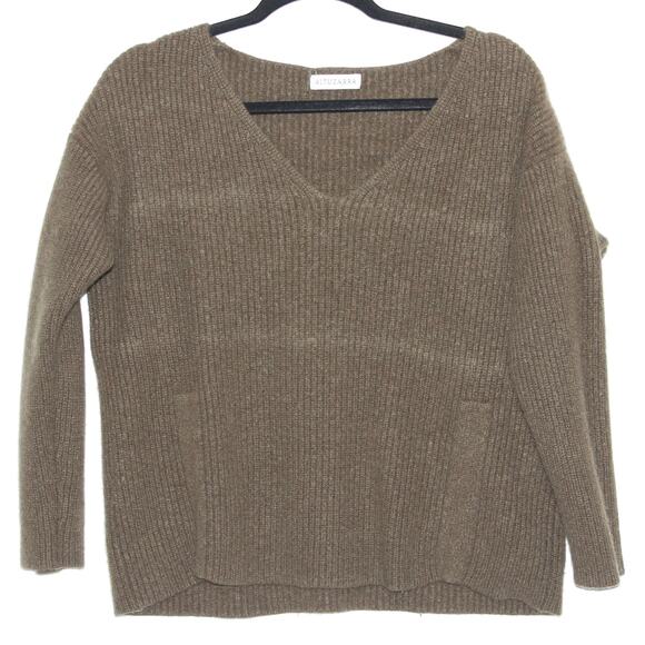 Altuzaraa 100% Cashmere Green V-Neck Knit Sweater Size Large - Picture 2 of 5